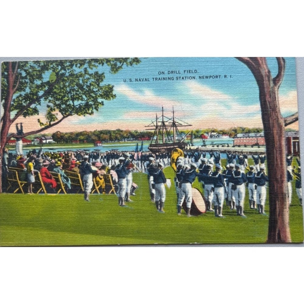 US Naval Training Station on Drill Field Newport RI Postcard Souvenir Vintage
